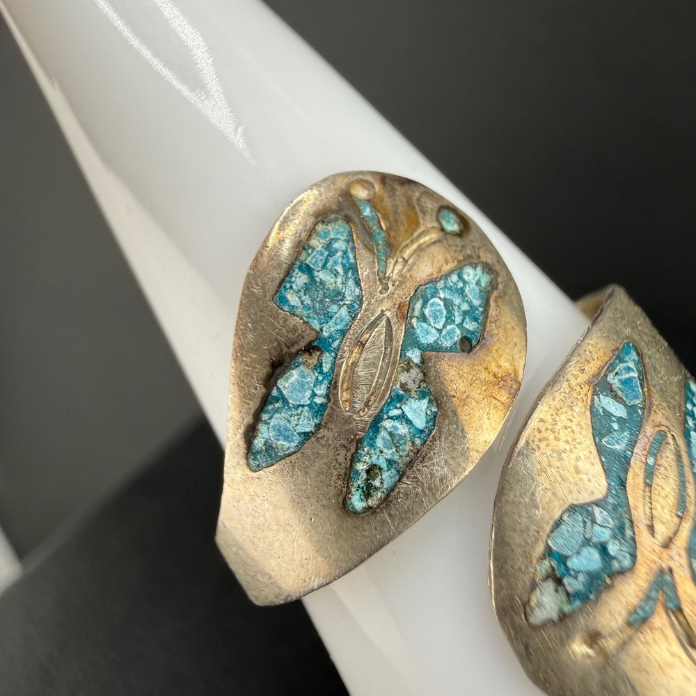 Vintage Taxco Sterling Silver Ring Butterfly Blue Turquoise Chip Inlay 9 - Picture 4 of 10